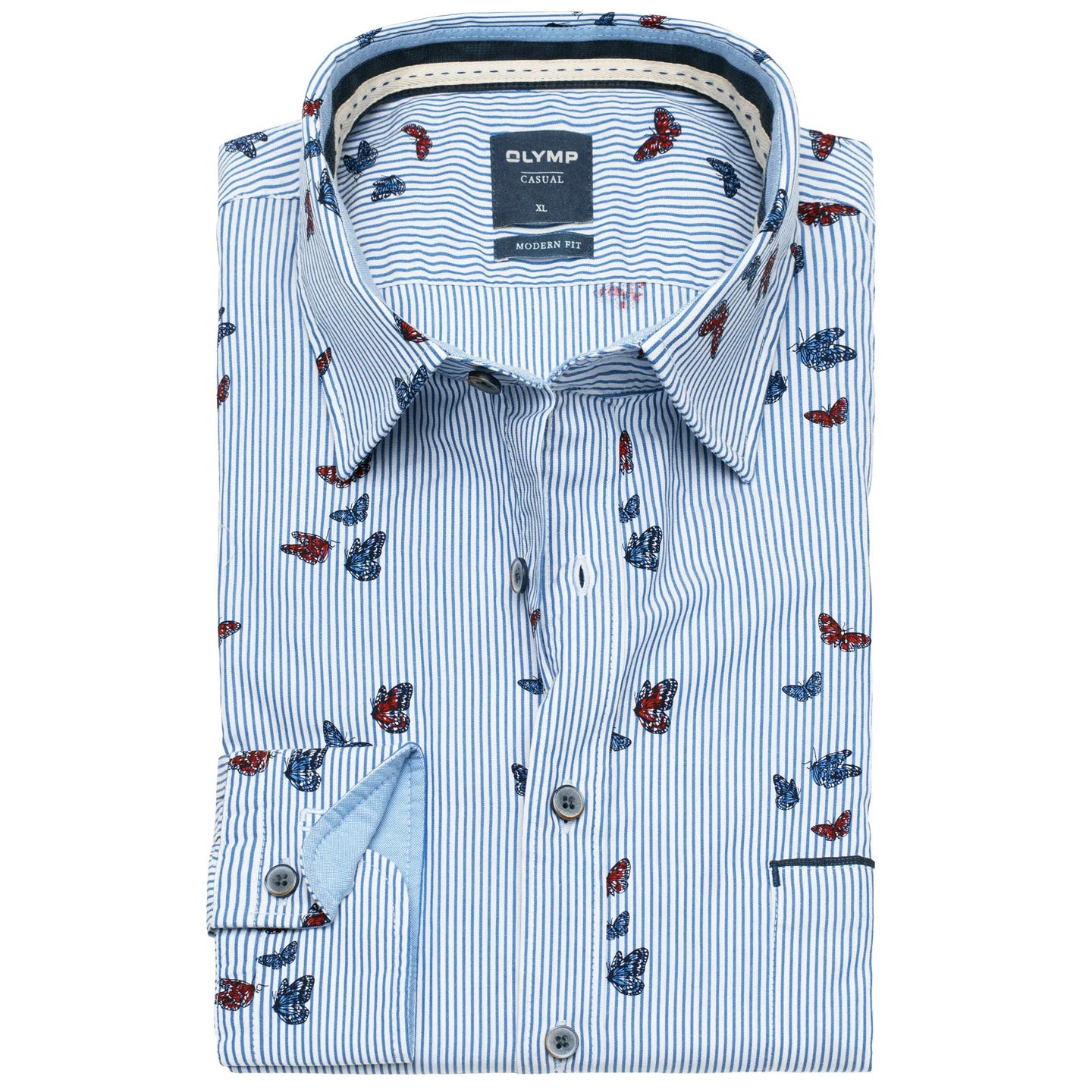 OLYMP Casual Modern Fit Giuliano Fehér Kék Navy Csíkos Pillangó Mintázatú Közepesen Karcsúsított Tiszta Pamut Ing