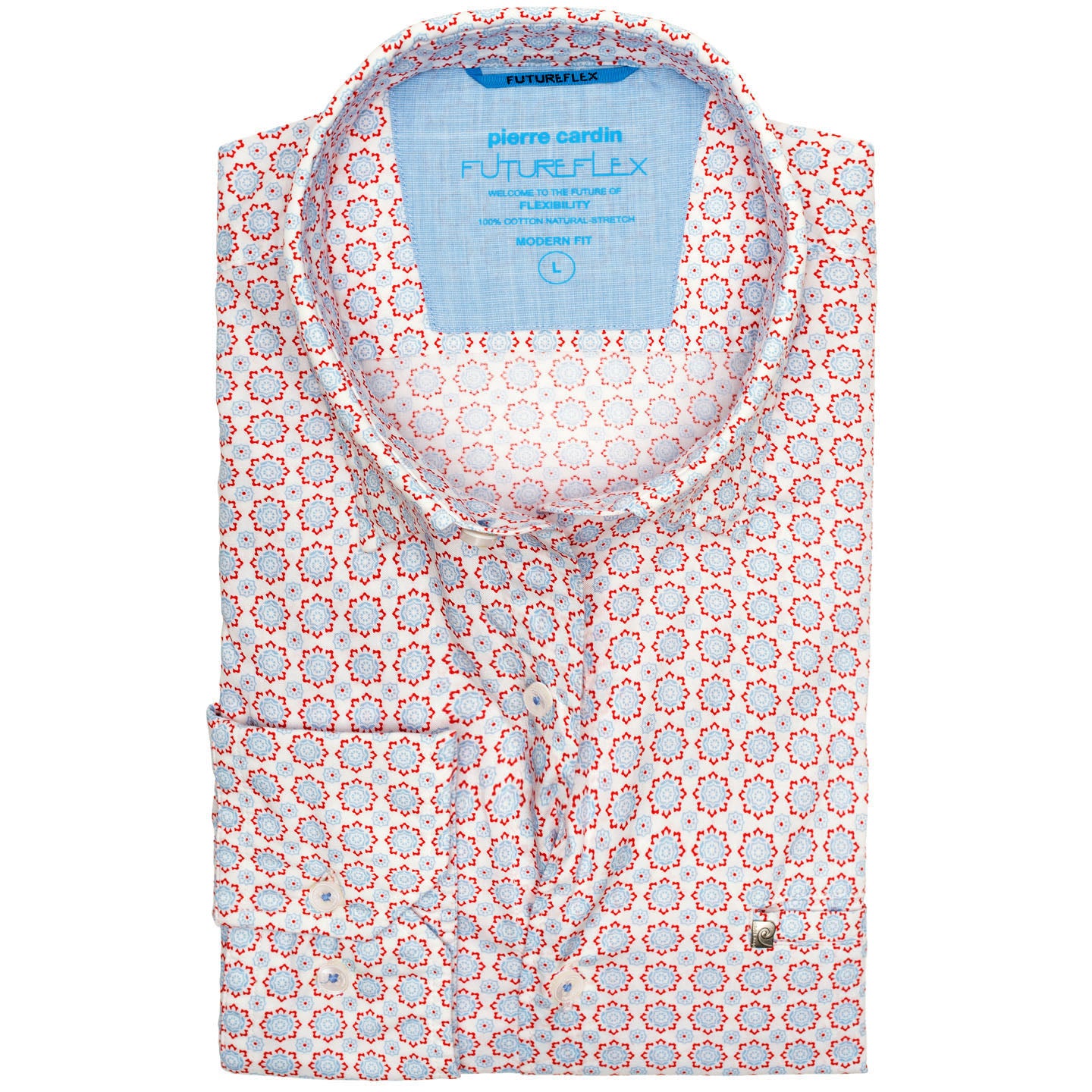 PIERRE CARDIN FutureFlex Modern Fit Burton Világoskék Piros Körmintás Karcsúsított Tiszta Pamut Selymes Jersey Ing