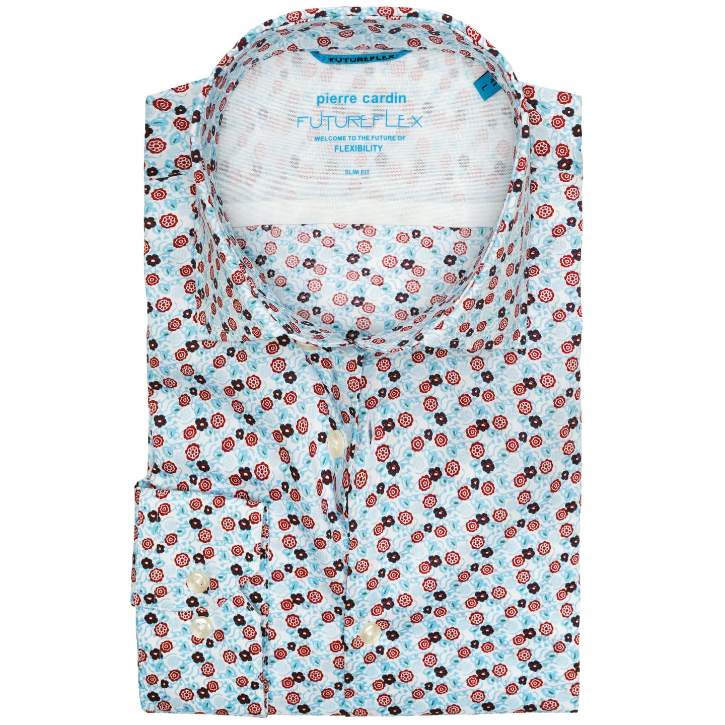 PIERRE CARDIN FutureFlex Slim Fit Cornell Világoskék Piros Virágmintás Extra Karcsúsított Selymes Tapintású Jersey Ing