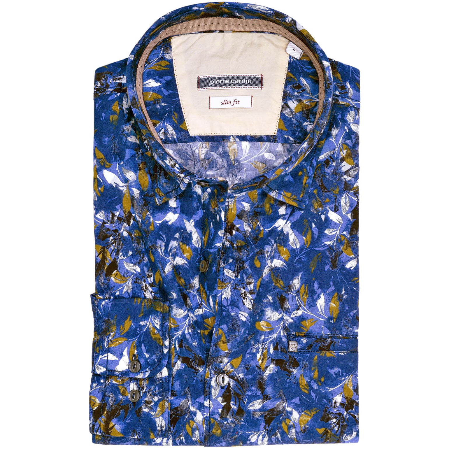 pierre-cardin-slim-fit-karcsusitott-hossu-ujju-viragmintas-vasalasmentes-tiszta-pamut-ferfi-kek-sarga-festmeny-muveszi-ing-divat-elegancia-eredeti-premium