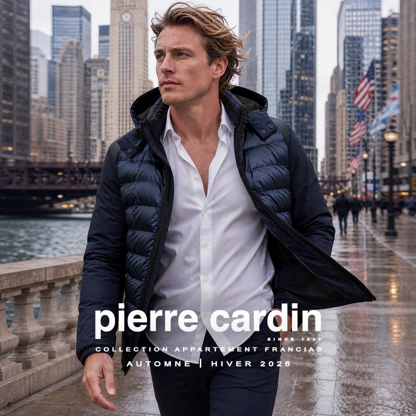 PIERRE CARDIN Casual Modern Fit Grimshaw Különleges Steppelt Levehető Kapucnis Tengerészkék Cipzáros Karcsúsított Oldalzsebes Windbreaker Dzseki