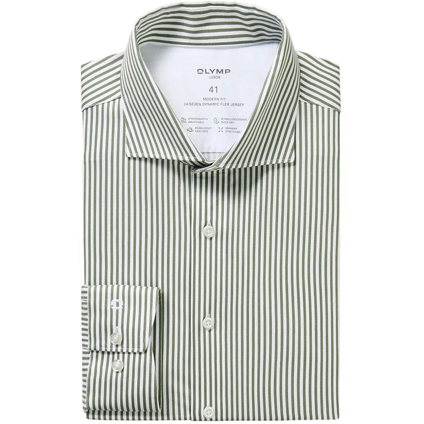 OLYMP Luxor 24/Seven Modern Fit Caraballo Olive Zöld Hófehér Római Csíkos Selymes Jersey Pamut Karcsúsított Vasalásmentes Ing