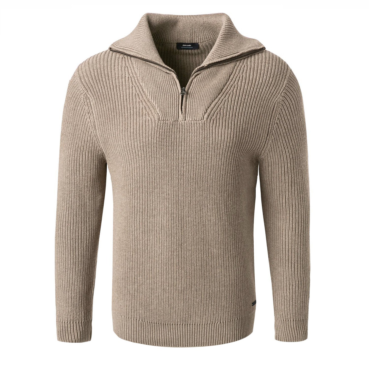 pierre cardin futureflex luxor Modern-Fit vilagos drapp barna karcsusitott cipzaros galleros kotott egyfalu pamut bolyhodas allo alaktarto pamut pulover felso