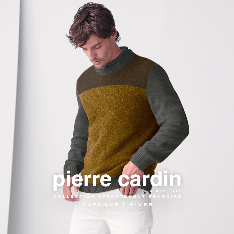 pierre cardin futureflex luxor modern fit rozsda barna szurke kozepesen karcsusitott kotott gyapju pamut bolyhodas allo alaktarto kereknyaku pulover felso